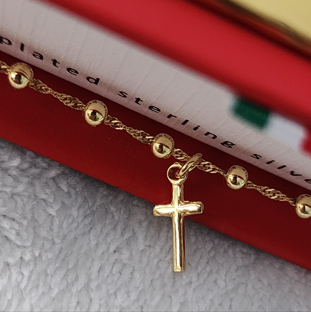 14k Gold On S925 Solid Sterling Silver Cross & Beads Charm Bracelet, 6.5+ New!